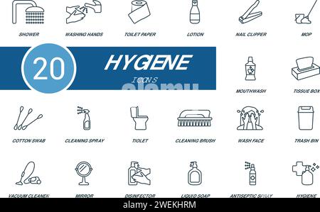 Hygiene-Kontursymbole festgelegt. Kreative Symbole: Dusche, Hände waschen, Toilettenpapier, Lotion, Nagelschneider, Mopp, Mundwasser, Taschentücher und mehr Stock Vektor