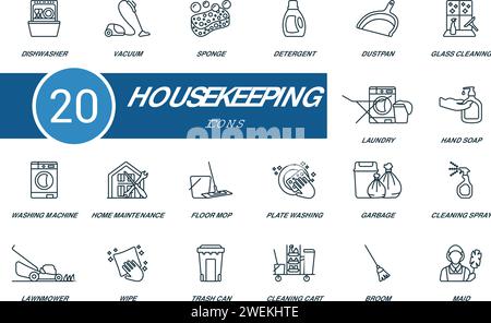 Allgemeine Symbole für Housekeeping festgelegt. Kreative Symbole: Geschirrspüler, Staubsauger, Schwamm, Reinigungsmittel, Kehrschaufel, Glasreinigung, Wäscherei und mehr Stock Vektor