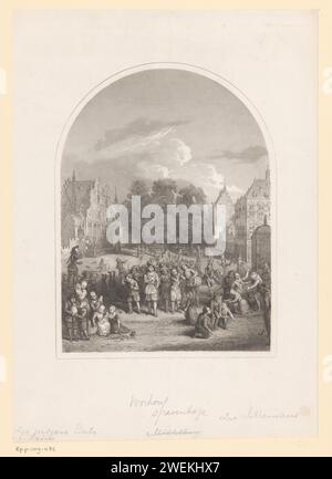 Kinderspiel auf Voorhout, Anonymous, nach Hendrik Jansz. Verstraelen, nach Experiencers Sillemans, nach Adriaen Pietersz van de Venne, 1725 - 1850 Druck vor dem Hintergrund des Voorhout in den Haag, Kinder spielen Blinden, Hasen über, Vater und Mutter, Sprungseil, Drachen und Set. In der Mitte imitiert eine große Gruppe von Kindern eine Prozession marschierender Soldaten. Papierstahlstich spielendes Kleinkind; Kind amüsiert sich. Necken (Kinderspiele und -Spiele). Spiele und Spiele für Kinder. Straßenfront Stockfoto