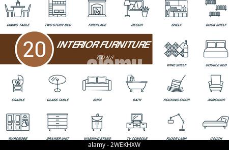 Innenmöbel umrissen Symbole Set. Kreative Symbole: Esstisch, zweistöckiges Bett, Kamin, Dekor, Regal, Bücherregal, Weinregal und vieles mehr Stock Vektor