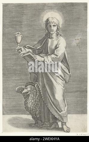 Apostel Johannes der Evangelist mit Miskelk und Adler, Marco Dente, nach Marcantonio Raimondi, nach Rafaël, 1517 - 1527 Druckpapier mit dem Stich des Apostels Johannes dem Evangelist; mögliche Attribute: Buch, Kessel, Kelch mit Schlange, Adler, Handfläche, Bildlauf Stockfoto