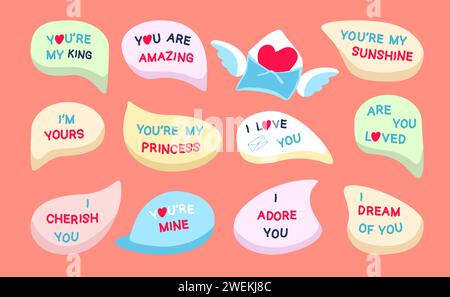 Pisbmo mit Flügeln und Herz. Gesprächsblasen für Liebhaber auf pfirsichfarbenem Hintergrund. Aufkleber mit Liebessätzen und Herzen. Illustration des flachen Vektors Stock Vektor