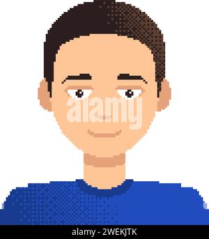 Man Pixel Art Charakter. Avatar, Porträt und Profilbild des Jungen. Retro-Design im 8-Bit-Design. Isolierte Vektordarstellung Stock Vektor