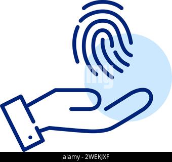 Hand hält einen Fingerabdruck. Biometrische Erkennungstechnologie. Pixelperfekter, bearbeitbarer Kontur Stock Vektor