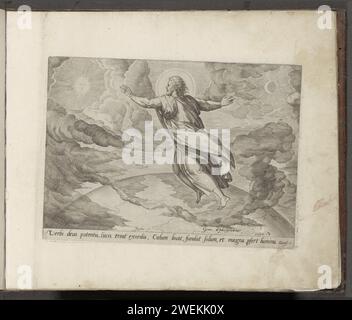 Schöpfung des Lichts, 1579 drucken der erste Tag der Schöpfung: Gott der Vater schwimmt über der Erde mit gestreckten Armen und trennt das Licht vom Dunkeln und vom Tag der Nacht. Auf der linken Seite sehen Sie Sonne und Mond auf der rechten Seite. Unten ein Verweis auf den Bibeltext in Gen. 1 auf Lateinisch. Drucken ist Teil eines Albums. Papiergravurteilung von Licht und Dunkelheit Stockfoto