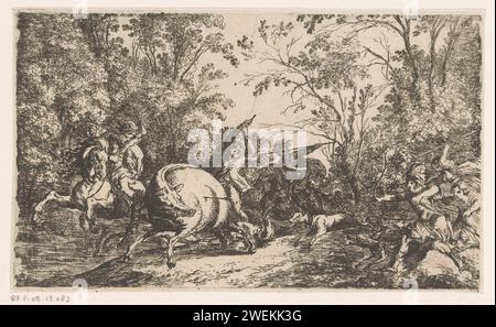 Jagd auf kaledonische Zwijn, Anonym, Johann Wilhelm Baur, 1639 - ca. 1700 Druckpapier zur Ätzung der kalydonischen Jagd Stockfoto