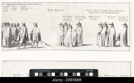 Der Trauerzug Frederik Hendriks (Platte Nr. 23), 1647, Pieter Nolpe, nach Pieter Jansz. Post, 1651 drucken der Trauerzug von Stadholder Frederik Hendrik in den Haag am 10. Mai 1647. Platte Nr. 23 mit einem Teil der Prozession stehen über dem Volk ihr Name und ihre Funktion. Teil einer Serie von 30 Platten und 20 Textmagazinen, die zusammengesteckt werden sollen. Papierätzung / Gravurcortege, Trauerprozession Stockfoto