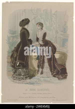 Illustrated Fashion, Family Journal, Sonntag, 1. Januar 1882, Nr. 1: Toiletten de la M.on Fladry (...), 1882 zwei Frauen in einem Innenraum. Links: 'Toilette de Ville'. Rock und Körper von „Peluche“ in verschiedenen Brauntönen. „Grande Visite“ Van Bruin „Peluche“ mit Pelz. Rechts: 'Toilette das Abendessen' von 'Moire' und 'Velor Nacarat' (rot?). Zwei Tücher, die vorne gebunden sind. Nach der Überschrift: „Toiletten“ von Maison Fladry, Nachfolger von Coussinet. Druck aus dem Modemagazin La Mode Illustrée (1860-1937). Ausführliche Beschreibung der Kleidung auf Seite 6 „Beschreibung der Toiletten“. Papier en Stockfoto