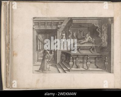 Brunnen in Form eines Grabes, 1568 gedruckt Ein Eckbrunnen in Form eines Grabes gekrönt das Bild eines Mannes, der sich an eine Kanne lehnt, aus der Wasser austritt. Links eine stehende Frau mit einer Schüssel unter dem Arm und einem Krug in der Hand. Hinter ihren Augen in einer Galerie. Dieser Ausdruck ist Teil eines Albums. Zierbrunnen zum Ätzen von Papier. Stehende Figur (Kanon, Proportionen) - AA - weibliche menschliche Figur. Städtische Architektur; Gebäude; Wohnungen Stockfoto