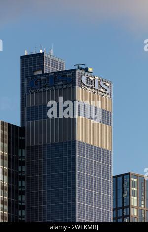 Der legendäre CIS Tower in Manchester, Großbritannien. Fotografiert an einem schönen klaren Herbstabend Stockfoto