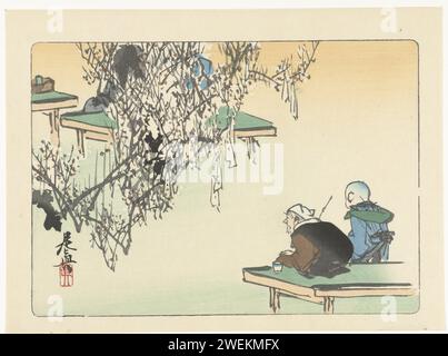 Bewunderung der Pflaumenblüte, Shibata Zeshin, 1875 - 1890 Druckbesucher in einem Teehaus, sitzen im Garten und betrachten die Blüte. Papierfarbe Holzschnitt Bäume (+ Blumen, Blüte, Blüte). Baum: Pflaumenbaum. Erwachsener Mann ( + eine Person) Stockfoto