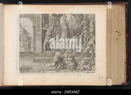 Königin Atalja lässt die Kinder des Königs töten, Harmen Jansz Muller, nach Maarten van Heemskerck, 1646 Abdruck Atalja, die hörte, dass ihr Sohn König Achazja gestorben war, weist alle Kinder des Königs an, zu töten, damit sie Königin werden kann. Soldaten töten die Kinder auf der Treppe. Auf der linken Seite wird Achazjas Sohn Joas von seiner Tante gerettet. Auf der Treppe ein Hinweis auf den Bibeltext in 2 Kon. 11: 1. Am unteren Rand des Randes ein lateinischer Strophe über der Show. Dieser Ausdruck ist Teil eines Albums. Der Papierstich Athaliah hat alle Mitglieder der königlichen Familie getötet. Joasch wird von seiner Tante Joscheba gerettet Stockfoto