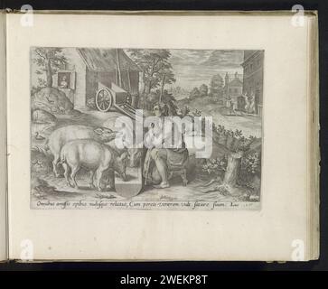 The Lost Son as Pig Hearer, 1585 Print The Lost Son hat sein Erbe verschwendet und arbeitet mit einem Bauern als Schweineherde zusammen. Er kniet mit den Schweinen und isst mit ihnen aus dem Futter. Rechts im Hintergrund wird der verlorene Sohn aus dem Bordell gejagt, weil sein Geld aufgebraucht ist. Unter der Ausstellung ist ein lateinischer Hinweis auf den Bibeltext in Luc zu sehen. 15. Dieser Ausdruck ist Teil eines Albums. Der verlorene Sohn pflegt die Schweine und isst aus ihrem Trog. Als sein ganzes Geld verschwendet wird, wird der verlorene Sohn von den Huren verjagt Stockfoto