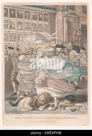 Passanten - von einer Windböe überrascht für das Fenster von Carington Bowles in London, Anonym, nach Robert Dignton, 1783 drucken Eine Windböe sorgt dafür, dass alle Passanten ihren Hut ergreifen. Der Hut und die Perücke einer fast kahlen Frau explodieren. Im Vordergrund steht ein weinender Junge mit einer Schürze. Er ließ ein Blatt mit Fisch fallen. Porträts des Klerus und satirische Drucke im Schaufenster. Unten links nummeriert: 504. Papierladen-Fenster, Schaufenster. Kunsthändler (+ Grafik). Sturm an Land. Mode, Kleidung. Politische Karikaturen und Satiren London Stockfoto