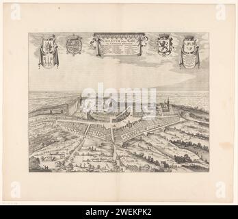 View of Kassel, Anonym, 1652 print View of Kassel in Nutshell-Perspektive. Oben, in der Mitte, die Titelkartusche mit Legende A-Z und 1-2. Oben links das Wapen van Kassel, rechts davon die Waffe des Königs von Spanien. Rechts oben das Wappen des Graafschap Horns, links davon die Waffe Flanders. Mit lateinischem Text auf Verso. Papiergravur / Buchdruck Aussicht auf Stadt, Stadtpanorama, Silhouette der Stadt. Wappen (als Symbol des Staates usw.) (+ Provinz; Provinz). Wappen (als Symbol des Staates usw.) (+ Stadt; Gemeinde Stockfoto
