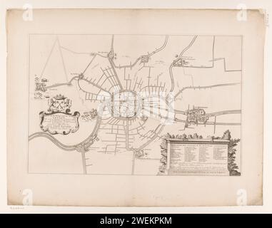 Karte der Belagerung von Leiden, 1573-1574, Jan Voters, nach Joost Jansz. Bilhamer, nach T. Reets, in oder nach 1717 Druck Benefies der Stadt Leiden in den Jahren 1573-1574 von den Spaniern. Karte mit Karte der Stadt und der Umgebung nach Leiderdorp und de Kwakel, mit allen Sonnenschirmen in der Gegend. Links eine Kartusche mit dem Titel und dem Stadtwappen, rechts eine Kartusche auf einem Sockel mit der Legende 1-49 in Niederländisch. Papierätzung / Gravur Belagerung, Position Krieg. Stadtpläne. Wappen (als Symbol des Staates usw.) (+ Stadt; Gemeinde) zu führen. Leiddorp Stockfoto