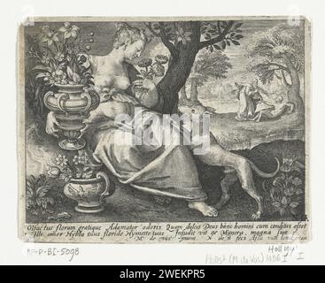 SENSE Riech, Nicolaes de Bruyn, nach Maerten de Vos, 1581–1656 Printfrau als Personifikation des SENSE Rieches in der Landschaft mit Vasen voller Blumen, riecht sie eine Rose, während ein Hund gegen sie springt. Die Erschaffung Adams wird im Hintergrund dargestellt. In Rand unter zwei Zeilen lateinisch. Papiergravur riecht, riecht (einer der fünf Sinne) Stockfoto
