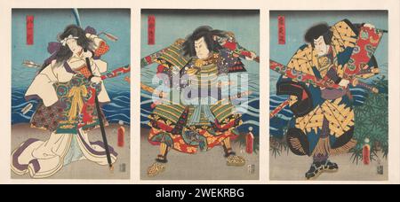 Drei Kabuki-Schauspieler ziehen ein rotes Banner, Utagawa Kunisada (I), 1854 drucken drei Kabuki-Schauspieler ziehen ein rotes Banner an einem Strand. Links zieht der Schauspieler Ineu Kikujirô in der Rolle des schwangeren Yatsudai mit Hellebaard und Pfeilen am Ende eines Banners. In der Mitte ist der Schauspieler Kataoka Gadô II. In der Rolle des berühmten Bogenschützen Hachirô Tametomo mit dem Banner über den Schultern. Rechts die böse Yasha gespielt von Bandô Hikusaburô IV Das Meer im Hintergrund. Papierfarbener Holzschnitt-Strand. Gruppe von Schauspielern, Truppe; Schauspieler auf der Bühne. Tauziehen Stockfoto