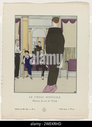 Eine Zeitung mit gutem Ton. Kunst - Modes & Frivolités: Berühmte Modehäuser, Bernard Boutet de Monvel, 1914 im Modehaus zeigt eine Schaufensterpuppe einen schwarzen Abendmantel von Worth. Eine Frau und ein Mann mit einem Gehstock, der auf einer Couch inspiziert werden muss. Neben ihnen ist eine Verkäuferin. Planche 40 aus Gazette du Bon Ton 1914, Nr. 4. Papier Buchdruck, der Modeplatten druckt. Mantel (ABENDMANTEL) (+ Damenkleidung). Modell, Schaufensterpuppe. Gehstock, Personal, Stock (+ Herrenkleidung). Kombinationen von Kleidungsstücken (ANZUG) (+ Herrenkleidung). Reflexion (im Spiegel) - AA - (für) Frauen Stockfoto