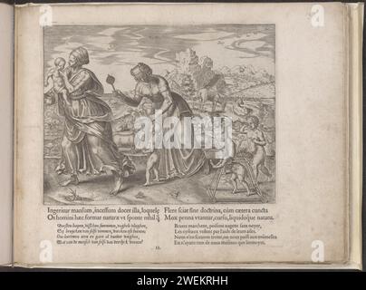 Die Menschheit muss alles lernen, 1563 Druck Eine Mutter füttert ihr Kind, ein anderer bringt einem Kleinkind das Gehen bei. Es folgen drei Kinder: Zwei weinen, während eines mit einem Gehständer Schritt lernt. Im Hintergrund alle Arten von Tieren, die von Geburt an durch bestimmte Eigenschaften begabt sind. Unter der Show ein Vers in lateinischer Sprache und eine niederländische und französische Beschriftung in Buchdruck. Dieser Ausdruck ist Teil eines Albums. Papiergravur / Buchdruck Baby in Wickelkleidung. Gehen lernen, die ersten Schritte. Arbeitsgeräte zum Erlernen von Gehen und Go-Kart. Weinen, schreien. Tiere Stockfoto