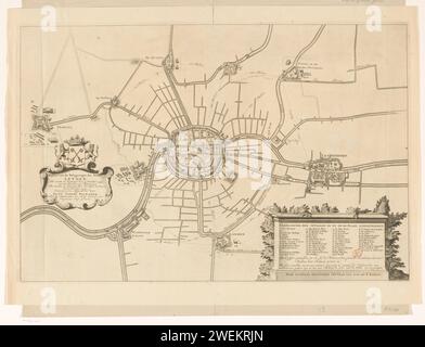 Karte der Belagerung von Leiden, 1573-1574, Jan Voters, nach Joost Jansz. Bilhamer, nach T. Reets, in oder nach 1717 Druck Benefies der Stadt Leiden in den Jahren 1573-1574 von den Spaniern. Karte mit Karte der Stadt und der Umgebung nach Leiderdorp und de Kwakel, mit allen Sonnenschirmen in der Gegend. Links eine Kartusche mit dem Titel und dem Stadtwappen, rechts eine Kartusche auf einem Sockel mit der Legende 1-49 in Niederländisch. Papierätzung / Gravur Belagerung, Position Krieg. Stadtpläne. Wappen (als Symbol des Staates usw.) (+ Stadt; Gemeinde) zu führen. Leiddorp Stockfoto