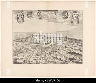 View of Kassel, Anonym, 1652 print View of Kassel in Nutshell-Perspektive. Oben, in der Mitte, die Titelkartusche mit Legende A-Z und 1-2. Oben links das Wapen van Kassel, rechts davon die Waffe des Königs von Spanien. Rechts oben das Wappen des Graafschap Horns, links davon die Waffe Flanders. Mit niederländischem Text auf Verso. Papiergravur / Buchdruck Aussicht auf Stadt, Stadtpanorama, Silhouette der Stadt. Wappen (als Symbol des Staates usw.) (+ Provinz; Provinz). Wappen (als Symbol des Staates usw.) (+ Stadt; Gemeinde Stockfoto