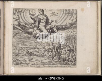 Flegmatisches Temperament, 1566 Druck Luna, der Mond, sitzt auf einer Wolke und hält den Halbmond in ihrer Hand. Über ihr befinden sich drei Tierkreiszeichen: Skorpio, Fisch und Hummer, die zum Element Wasser passen. Unter ihr, auf Erden, die Menschen mit einem phlegmatischen Temperament, die von ihr regiert werden. Rechts sind Entenjäger und im Hintergrund arbeiten Fischer und Seeleute. Am unteren Rand ein lateinischer Text über den Phlegmatikern und Luna. Dieser Ausdruck ist Teil eines Albums. Papiergravur phlegmatisches Temperament. Diana als Mondgöttin, d.h. Luna (Selene). Süßwasserfischerei. bir Stockfoto