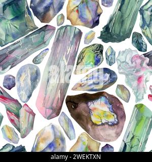 Hand gezeichnet Aquarell Illustration kostbares Halbedeljuwel Edelstein Kristall Chakra Geburtsstein. Turmalin Smaragdopal. Nahtloses Muster isoliert Stockfoto