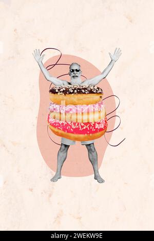 Vertikale Collage kreatives Poster Schwarzweiß Filter alter glücklicher aufgeregter freudiger Mann Sommerurlaub Wochenende Donuts Lebensretter Ringskizze Stockfoto