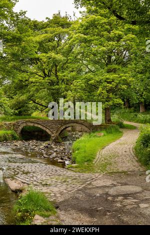 Großbritannien, England, Lancashire, Colne, Wycoller, Sally’s Bridge, historische Packhorse Bridge und ford überqueren Wycoller Beck Stockfoto