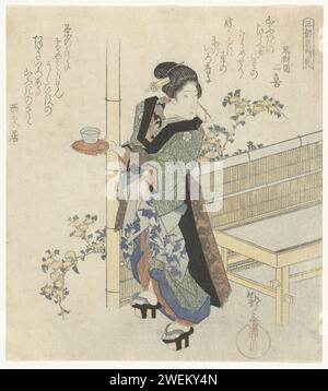 Kellnerin bei Yamabuki Flowers, ca. 1827 Druckkellnerin eines Teehauses, mit einem Tablett mit einer Tasse, stehend am Tisch und Bambuszaun in der rechten Hand, hinter dem ein Busch mit gelben Yamabuki-Blüten. Gedicht oben links vom Dichter Sairaikyo; Gedicht oben rechts vom Dichter Kinjuen Futaki. Papierfarbe Holzschnitt im Innenbereich (+ Kellner, Kellnerin usw.). Teegarten, Gartenrestaurant Stockfoto