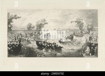 Das Seelenfischen, nach dem Gemälde von Adriaen Pietersz. Van de Venne, 1614, 1848 – 1922 Print The Soul Fishing: Allegory on the AfterTaste of the AfterTaste of the different Religions in the Zwölfjahresakte zwischen der Niederländischen Republik und Spanien. In einer Flusslandschaft gibt es große Gruppen von Menschen an beiden Ufern des Flusses, es gibt ein paar Ruderboote auf dem Wasser. Ein Regenbogen am Horizont. Auf der linken Seite die Protestanten und ihre Unterstützer, die Fürsten von Oranje, Maurits und Friedrich Hendrik, Friedrich V. van de Palts, Jakobus I., König von England und der junge Ludwig XIII., König von Frankreich mit seinem Mot Stockfoto