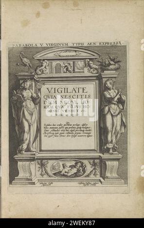 Zierrahmen mit zwei weiblichen Personifikationen, 1589 - 1611 Druck Zierrahmen mit Bezug auf den Bibeltext in Matte. 25 in lateinischer Sprache und ein fünfzeiliger Text in lateinischer Sprache. Der Rahmen wird von zwei weiblichen Personifizierungen flankiert. Ganz über Christus, der an die Tür klopft. Oben links ein Kran mit angehobenem Bein und einem Stein in der Klaue als Symbol der Wachsamkeit. Oben rechts ein Nest mit hungrigen, jungen Vögeln. Im Kontext am Boden eines Puttos mit Sanduhr und Schädel als Vanitas-Symbole. Titelabdruck für eine Serie von sieben mit dem Gleichnis von den fünf weisen und den fünf törichten Jungfrauen. Diese prin Stockfoto