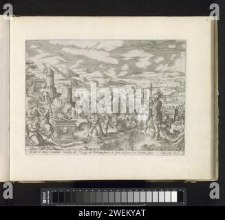 Jefta bietet seiner Tochter Anonymous nach Hans Bol, nach Gerard de Jode, 1585 Druck Jefta erhebt sein Schwert, um seine Tochter zu töten und zu opfern. Die Tochter kniet vor dem Altar. Links die wöchentlichen Freunde von Jeftas Tochter. Soldaten beobachten rechts. Im Hintergrund eine Stadt in der Landschaft. Unter der Abbildung ist ein Verweis auf den Bibeltext in Ri in lateinischer Sprache zu sehen. 11. Dieser Ausdruck ist Teil eines Albums. Erfüllung von Jephthahs Gelübde an den Herrn: Jephthahs Tochter wird geopfert Stockfoto