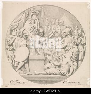 Alexander der große Trauer um den Tod von König Darius III. Von Persien, John Glaber, nach Gerard de Lairesse, 1684–1726 Print Round Show. Alexander der große sitzt auf einem Thron, umgeben von Soldaten. Einer der Soldaten zeigt ihm die Leiche des Königs Darius III. Von Persien, der von Bessus, einem seiner eigenen Soldaten, ermordet wurde. Alexander trauert um seinen Gegner. Der Druck ist auf ein verlorenes Flachrelief von Gerard de Lairesse gerichtet und ist Teil einer Serie mit biblischen, mythologischen und allegorischen Darstellungen. Alexander findet Darius in einem Wagen verwundet liegen Stockfoto