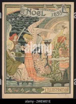 Cover für die Weihnachtsausgabe 1893 von „L'Illustration“, Anonym, nach Eugène Grasset, Druck 1893. Fotomechanischer Druck Maria mit Kind in einer Küche, in der vier Engel Essen zubereiten. Papier Buchdruck / Druckblock Bucheinband, Bindung. Wöchentlich, monatlich, Magazin usw. Weihnachten (nicht-liturgische Feier) Stockfoto