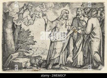 Christus beweist seine Jünger, dass Er Sohn Gottes ist, Georg Pencz, 1534–1535 Druck Christus beweist seine Jünger, dass er Sohn Gottes ist, indem er ihnen seinen Vater im Himmel zeigt. Ein Papierstich Christi, der den Aposteln und Jüngern seine Lehre erklärt Stockfoto