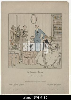 The elegant man No.2, Oktober 1921, Pl. 3: Respekt vor Aieul (...)., 1921 zwei Männer stehen auf einer Staffelei in einem Porträt. Kostüme und „Eaton“ von Geo Harrison. Auf einem Beistelltisch eine Schachtel mit Fläschchen von Hermès. Scoes aus Scallop. Ein Junge und seine Mutter hören, was der Mann zu sagen hat. Ein Hund sitzt auf den Hinterbeinen auf dem Polsterhocker. Der Bildunterschrift zufolge handelt es sich um Respekt vor den Vorfahren oder um „Le Sucre Convoité“. Druck aus dem Modemagazin L'Homme Elégant (1920-1929). Papierteller. Mantel (+ Herrenkleidung). Nackenbekleidung  Kleidung (KRAWATTE) (+ Herrenbekleidung). Kleidung, Kostüm (+ Jungen-Clo Stockfoto