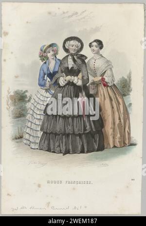 Journal des Demoiselles, 1851, Nr. 303: French Modes., 1851 eine ältere Frau geht mit zwei jungen Frauen. Die Frau rechts hat eine gestreifte Handtasche in der Hand. Druck aus dem Modemagazin Journal des Demoiselles (1833-1922). Papiergravur von Modetafeln. Kopfbedeckung: Hut (+ Damenbekleidung). Rock (+ Damenkleidung). Kleidung für den oberen Teil des Körpers: bluse (+ Damenkleidung). Handschuhe, Handschuhe (KURZE HANDSCHUHE) (+ Damenbekleidung). Tasche (HANDTASCHE) (+ Damenkleidung). Gehstock, Personal, Stock (+ Damenkleidung). Alte Frau. Blumen Stockfoto