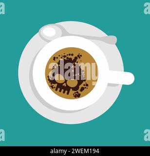 Das Wahrsagen des Glücks durch den Kaffeeschädel ist ein Symbol des Todes. Blick auf Becher und Kaffee von oben. Glückssagen auf Kaffeesatz Stock Vektor
