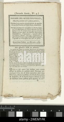 Laden neuer französischer und englischer Modi, 20. Dezember 1786, 2. Jahr, 4. Notizbuch: Titelpagina, Notizbuch mit dem Magazin 1786. Dezember 1786 (zweites Jahr, Nr. 4). S. 26-32. In 3 Modi Prenten. UIT HOT MODTIJDSCHRIFT NOTE MODUS MODUS BOTHERS, BARIJS, BRAUJS, 20. NOVEMBER 1786 BIS 21. DEZEMBER 1789. Papiergravur von Modetafeln Stockfoto