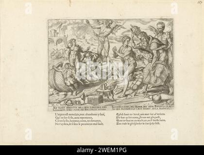 Reichtum ist wertlos nach dem Tod, Philips Galle, nach Maarten van Heemskerck, 1563 Druck am Ufer des Flusses Styx, einem König wird sein Mantel, Krone und Stab entzogen. Es gibt Symbole säkularer und spiritueller Macht auf der Erde, sowie des Reichtums. Diese Dinge müssen die Menschen nach dem Tod zurücklassen. Zusammen mit anderen Sündern muss der König in Charons Boot sein. Der dämonische Veerman segelt sie in die Hölle. Der Druck hat eine lateinische Unterschrift und eine niederländische und französische Unterschrift im Buchdruck. Der Druck ist Teil einer Serie zum Thema des Elends, das Reichtum bringt. Papiergravur / Buchdruck PR Stockfoto