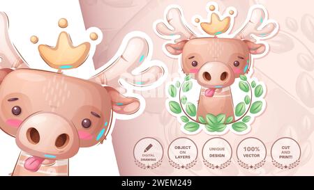 King Elk Cartoon Charaktere. Süßes Amimal. Hirschillustration für Kinder Stock Vektor