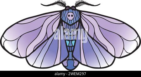 Kompliziertes, symmetrisches Totenkopf-Hawkmoth, Jugendstil- und gotische Inspiration, leuchtendes Buntglas mit lebendigen, natürlichen Farbtönen - Blauviolett Stock Vektor