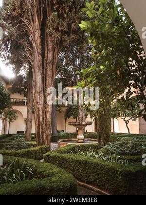 Der Garten namens Jardin de Lindaraja im Palast der Nazarer in der Alhambra in Granada, grüne Pflanzen, Brunnen, Andalusien, Spanien Stockfoto