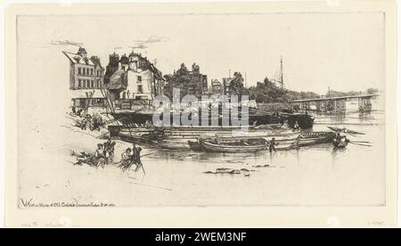 Das Haus von Whistler, Francis Seymour Haden (SIR), 1863 drucken den Fluss Theems mit einer Reihe von vertäuten Booten entlang des Ufers. Am Kai eine Reihe von großen Häusern nebeneinander, wobei das weiße Haus des Künstlers James Abbott McNeill Whistler als zweites von links ist. Papierätzung/Trockenpunkt Chelsea. Themse Stockfoto