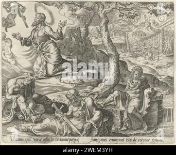 Christus im Hof van Getsemane, Harmen Jansz Muller, nach Maarten van Heemskerck, 1565 Druck Christus betend im Hof von Getsemane. Ein Engel präsentiert ihm das Kreuz und einen Kelch. Peter, James und John schlafen im Vordergrund. Judas erscheint rechts mit einer Gruppe Soldaten. Am unteren Rand des Randes ein lateinischer Vers. Print ist Teil einer Serie über die sieben Blutungen Christi. Während des Gebets in Getsemane fiel sein Schweiß wie Bluttropfen auf den Boden. Papiergravur Qual of Christ: Um ihn zu trösten, erscheinen Christus ein oder mehrere Engel mit Kelch und/oder Kreuz Stockfoto