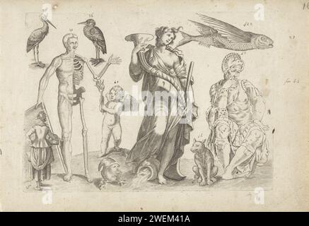 Arbeitsblatt mit Zeichenbeispielen: Tiere und verschiedene Figuren, 1610 - 1672 Druck 16. Druck aus einer Reihe von Zeichenbeispielen unbekannter Größe. Studienmagazin mit einem Storch und Reiher oben links, einem fliegenden Fisch oben rechts. Darunter verschiedene Figuren, darunter eine Flussgöttin und Putto mit Fackel. Links ein Mann, dessen Skelett von links gezeigt wird. Die verschiedenen Tiere und Figuren sind mit 36-44 in braun-schwarzer Tinte nummeriert. Papier. Tintengravur / Stifte Modellbücher  Werkzeuge des Malers. Raubtiere, Raubtiere: fuchs. Cupiden: 'amores', 'amoretti', 'Putti'. Küstenvögel und Stockfoto