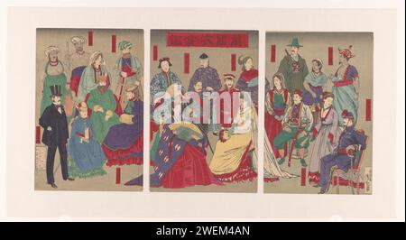Ausstellung traditioneller Trachten in allen Ländern, Kobayashi Kiyochika, 1882 Print Gruppe von Menschen aus verschiedenen Ländern gruppiert um den Kaiser und Kaiserin von Japan. Obere Reihe von links nach rechts: Afrika, Arabien, China, England, Korea und Indien. Untere Reihe von links nach rechts: Amerika, Russland, Japan, Türkei und Frankreich. Papier nicht-europäische weiße Völker: Amerikaner. Europäer: Engländer. Europäer (mit NAMEN). Europäer (mit NAMEN). Afrikaner. Asiatische Rassen und Völker (mit NAMEN). Asiatische Rassen und Völker: Türken. Asiatische Rassen und Völker (mit NAMEN). Asiatische Rassen und Völker (mit NAMEN). Stockfoto