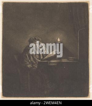 Ein Schüler am Tisch bei Kerzenschein, Rembrandt van Rijn, ca. 1642 Druckpapier, das nachts ätzt. Gelehrter in seinem Studium. Kerze Stockfoto